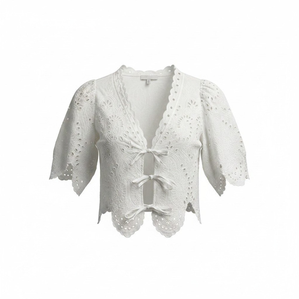 Moon River White Eyelet Cotton Cropped Tie Front Top MM1027TJ Short Sleeve M